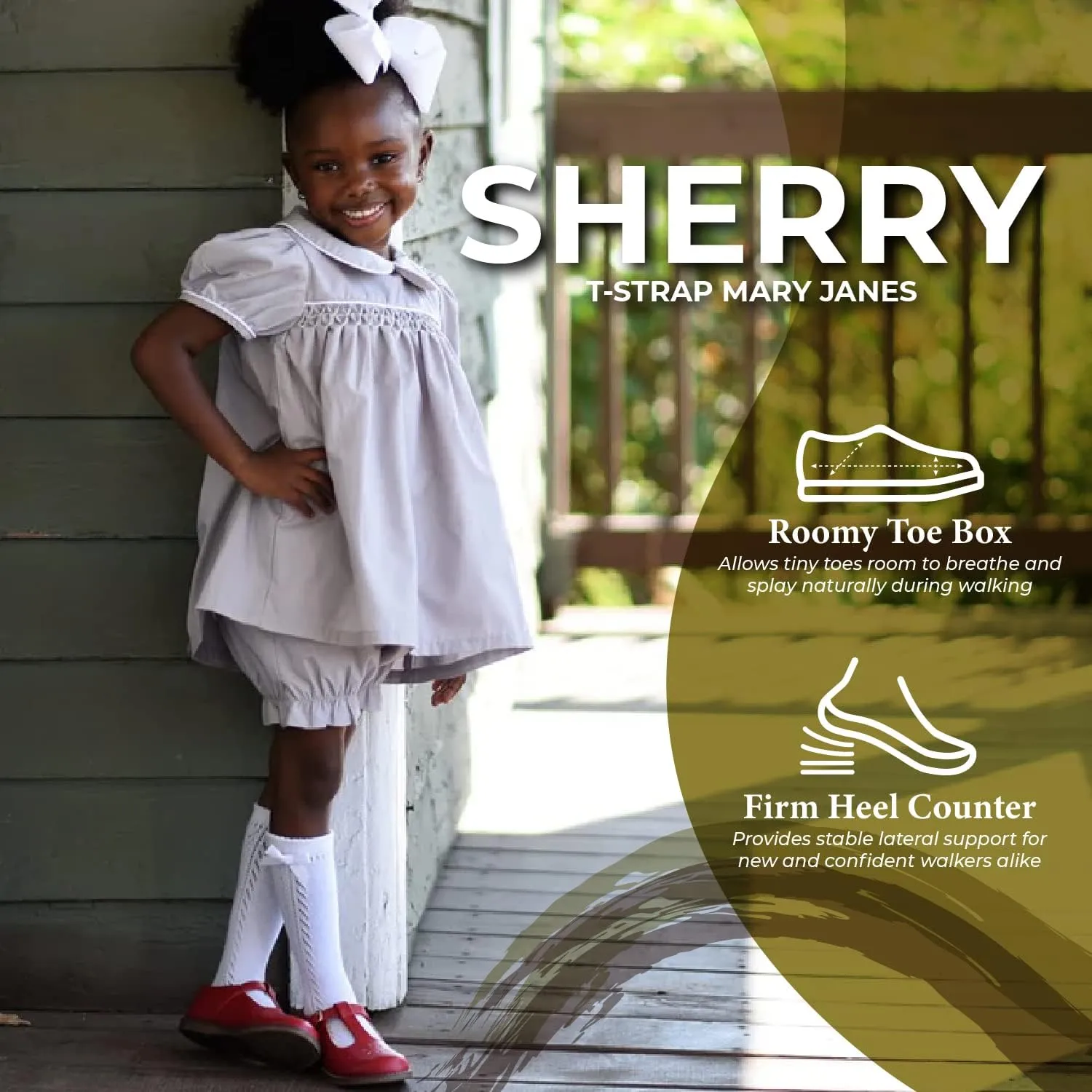 FOOTMATES Sherry Mary Jane Hook and Loop Leather T-Strap Shoes with Wide Toe Box and Custom-Fit Insoles, Non-Marking Outsoles - for Toddlers and Kids, Ages 1-8