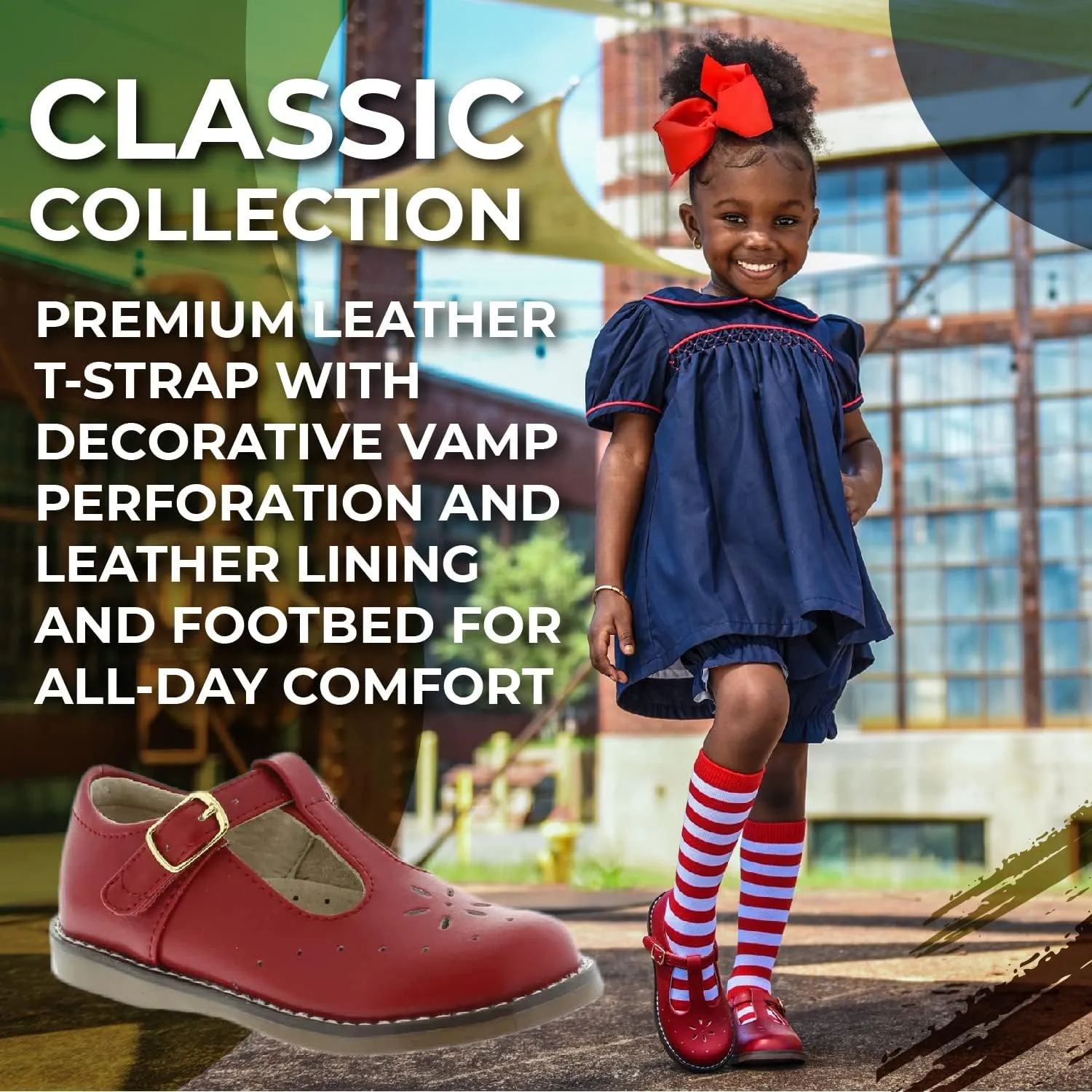 FOOTMATES Sherry Mary Jane Hook and Loop Leather T-Strap Shoes with Wide Toe Box and Custom-Fit Insoles, Non-Marking Outsoles - for Toddlers and Kids, Ages 1-8