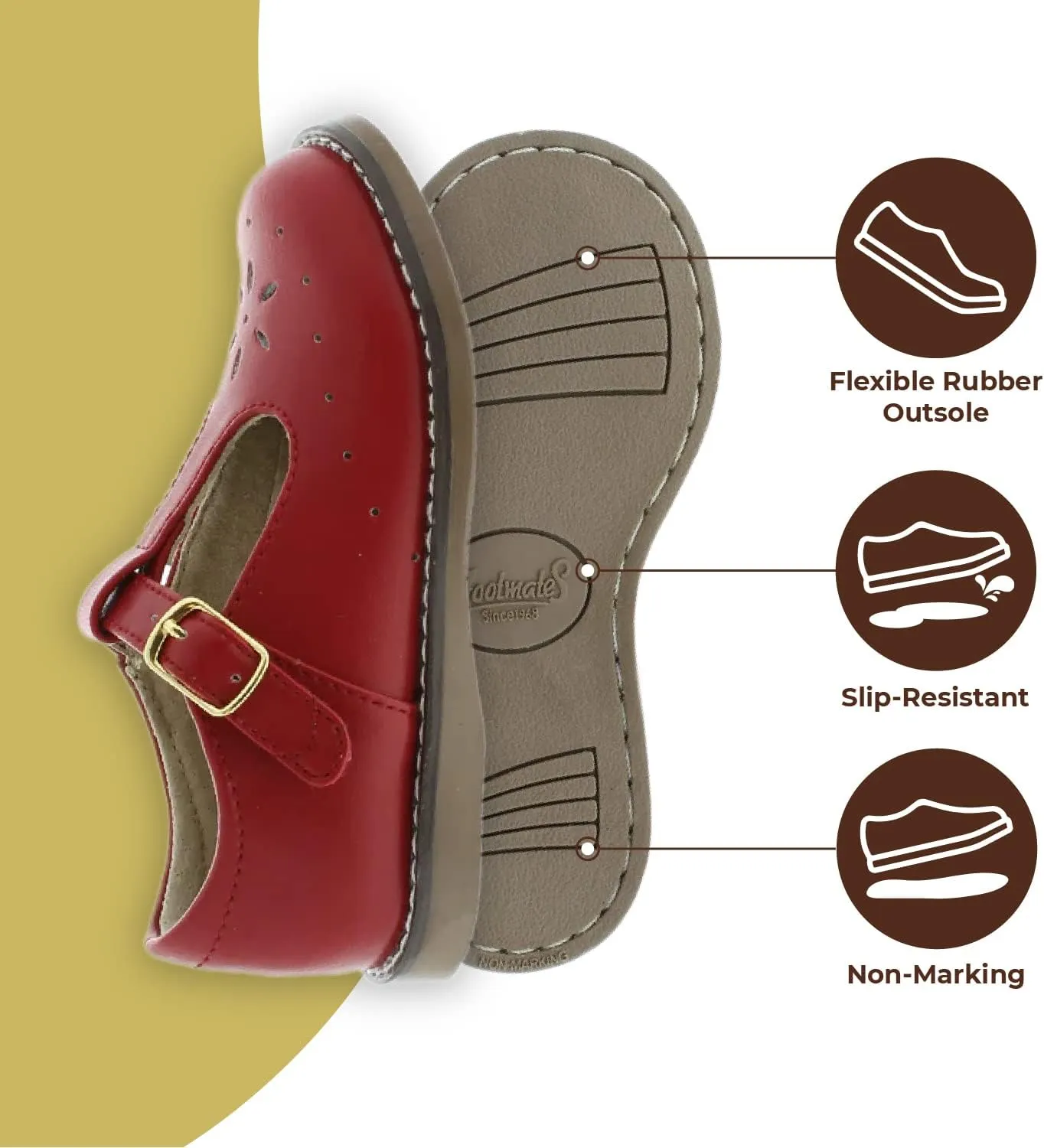 FOOTMATES Sherry Mary Jane Hook and Loop Leather T-Strap Shoes with Wide Toe Box and Custom-Fit Insoles, Non-Marking Outsoles - for Toddlers and Kids, Ages 1-8