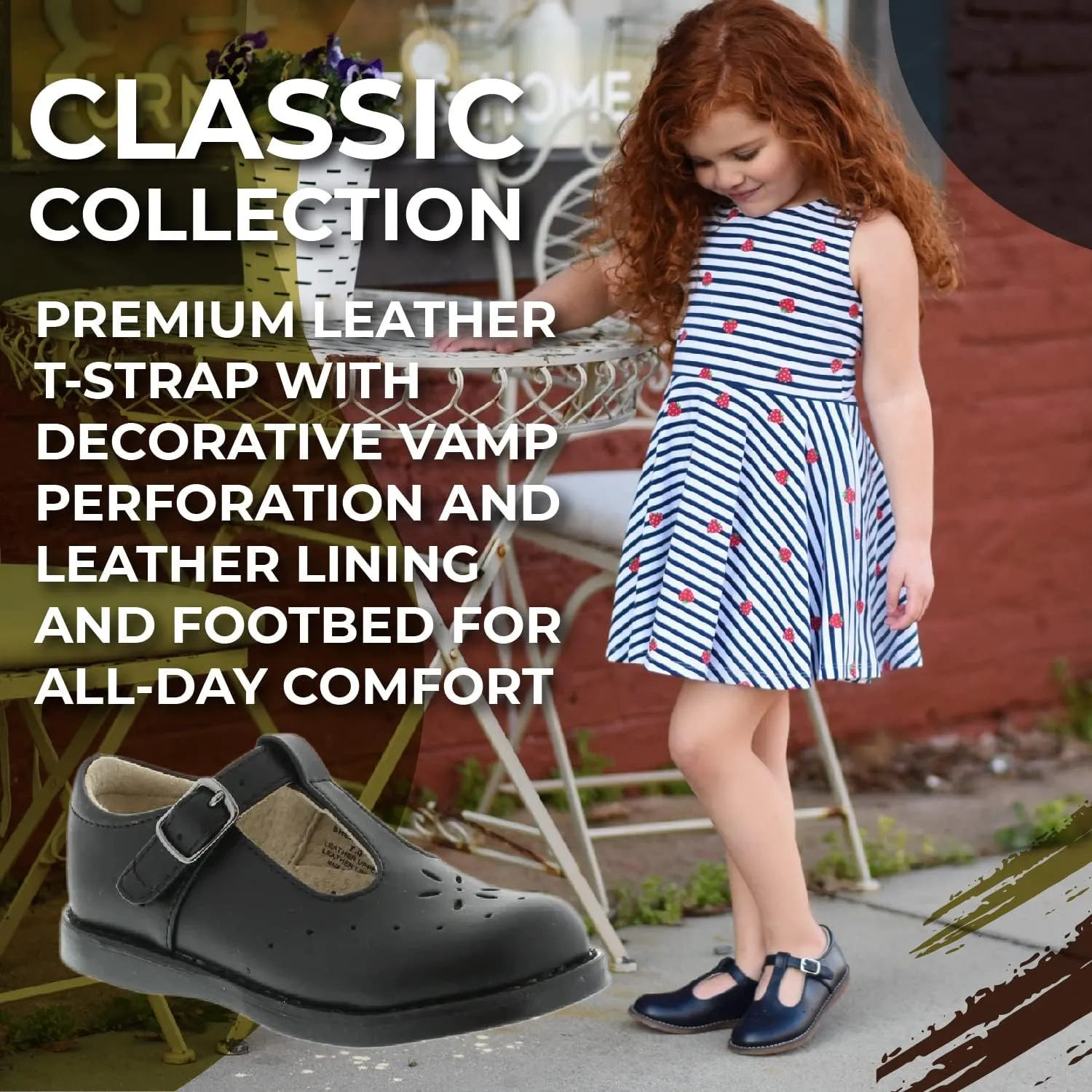 FOOTMATES Sherry Mary Jane Hook and Loop Leather T-Strap Shoes with Wide Toe Box and Custom-Fit Insoles, Non-Marking Outsoles - for Toddlers and Kids, Ages 1-8