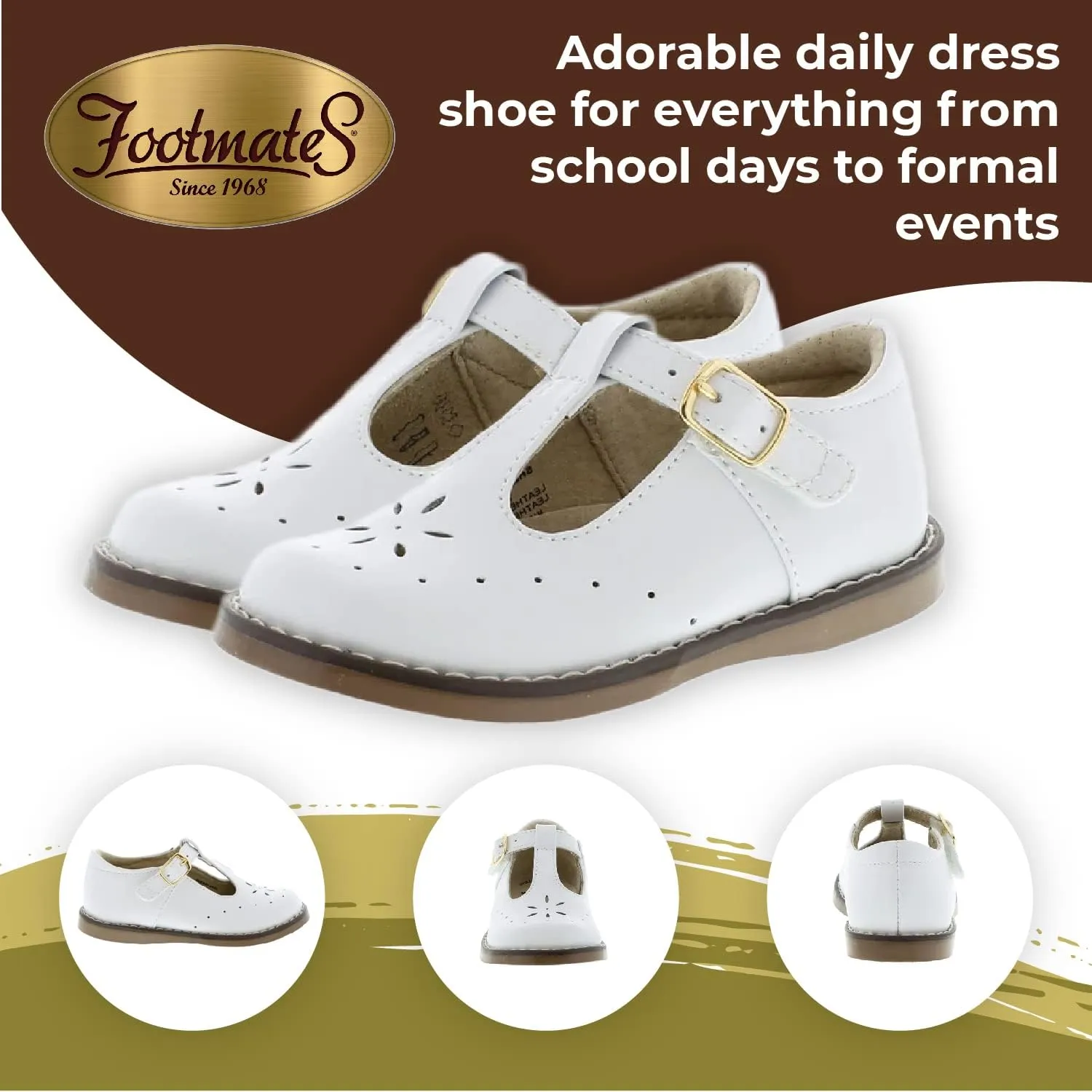 FOOTMATES Sherry Mary Jane Hook and Loop Leather T-Strap Shoes with Wide Toe Box and Custom-Fit Insoles, Non-Marking Outsoles - for Toddlers and Kids, Ages 1-8