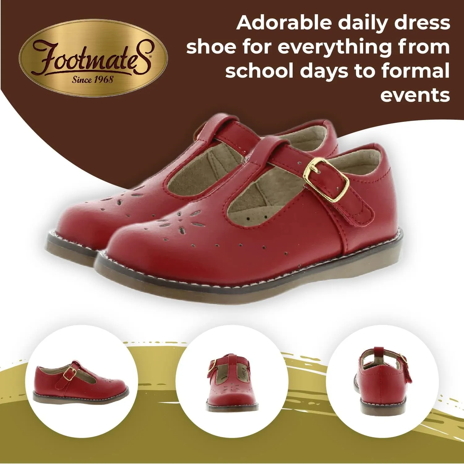 FOOTMATES Sherry Mary Jane Hook and Loop Leather T-Strap Shoes with Wide Toe Box and Custom-Fit Insoles, Non-Marking Outsoles - for Toddlers and Kids, Ages 1-8