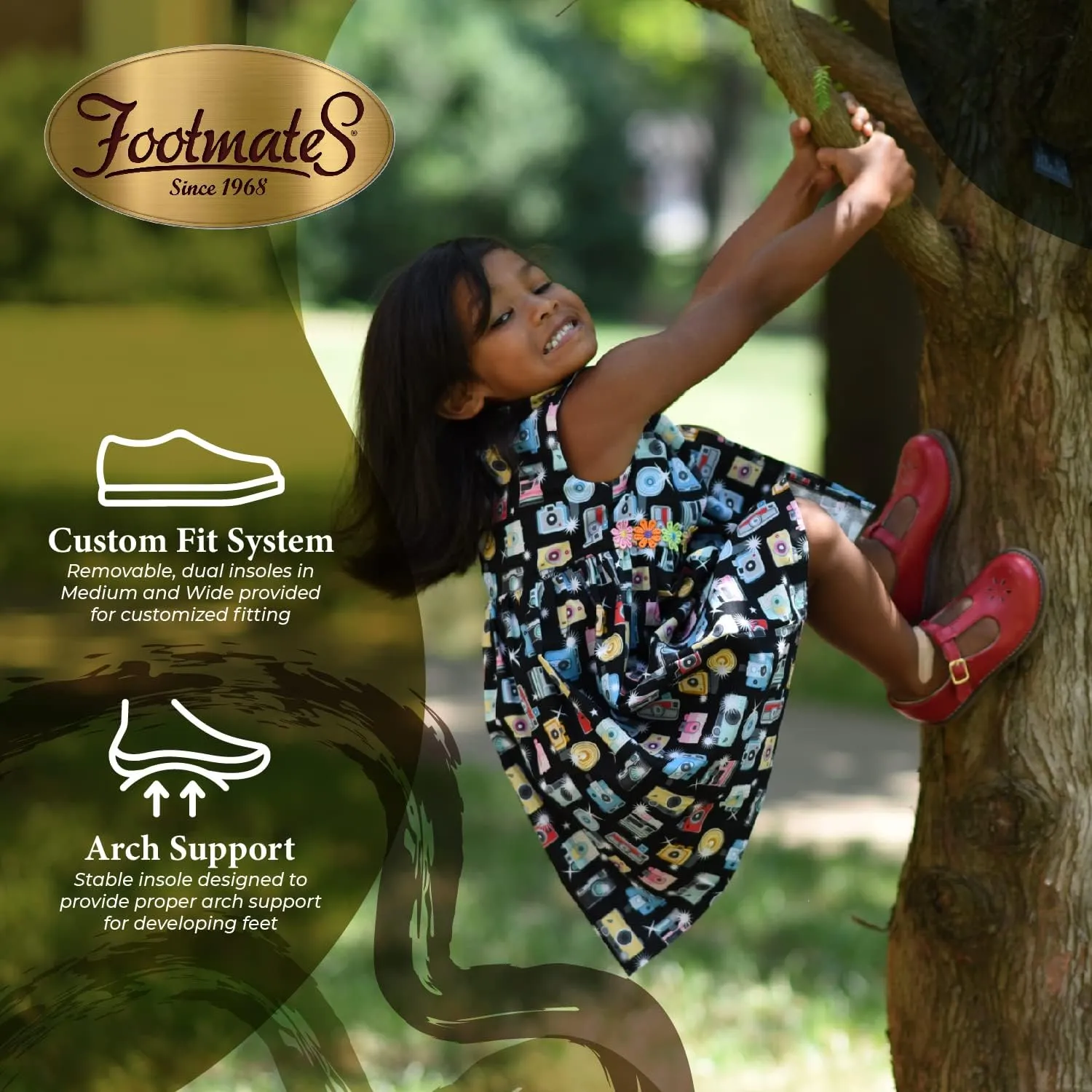 FOOTMATES Sherry Mary Jane Hook and Loop Leather T-Strap Shoes with Wide Toe Box and Custom-Fit Insoles, Non-Marking Outsoles - for Toddlers and Kids, Ages 1-8
