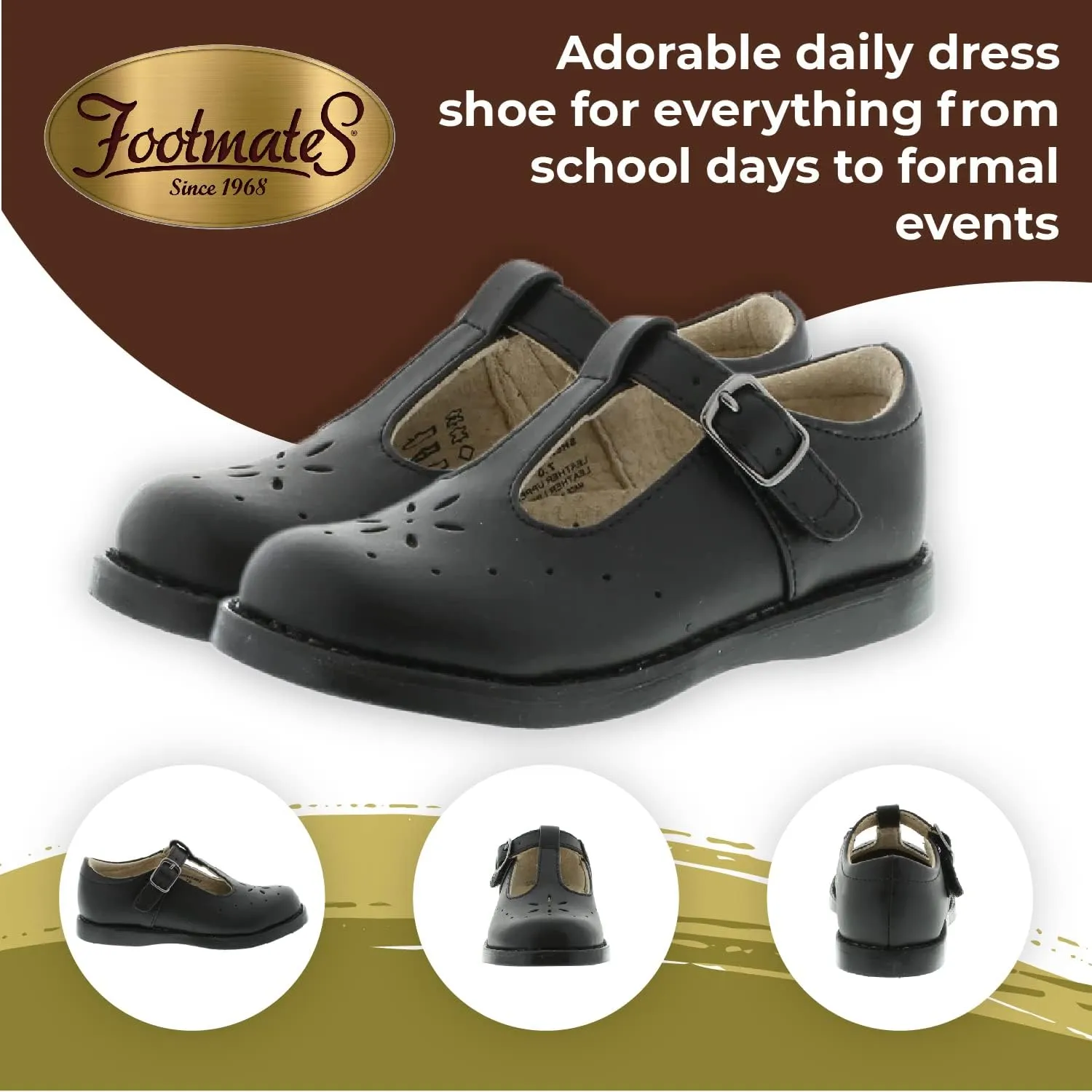 FOOTMATES Sherry Mary Jane Hook and Loop Leather T-Strap Shoes with Wide Toe Box and Custom-Fit Insoles, Non-Marking Outsoles - for Toddlers and Kids, Ages 1-8