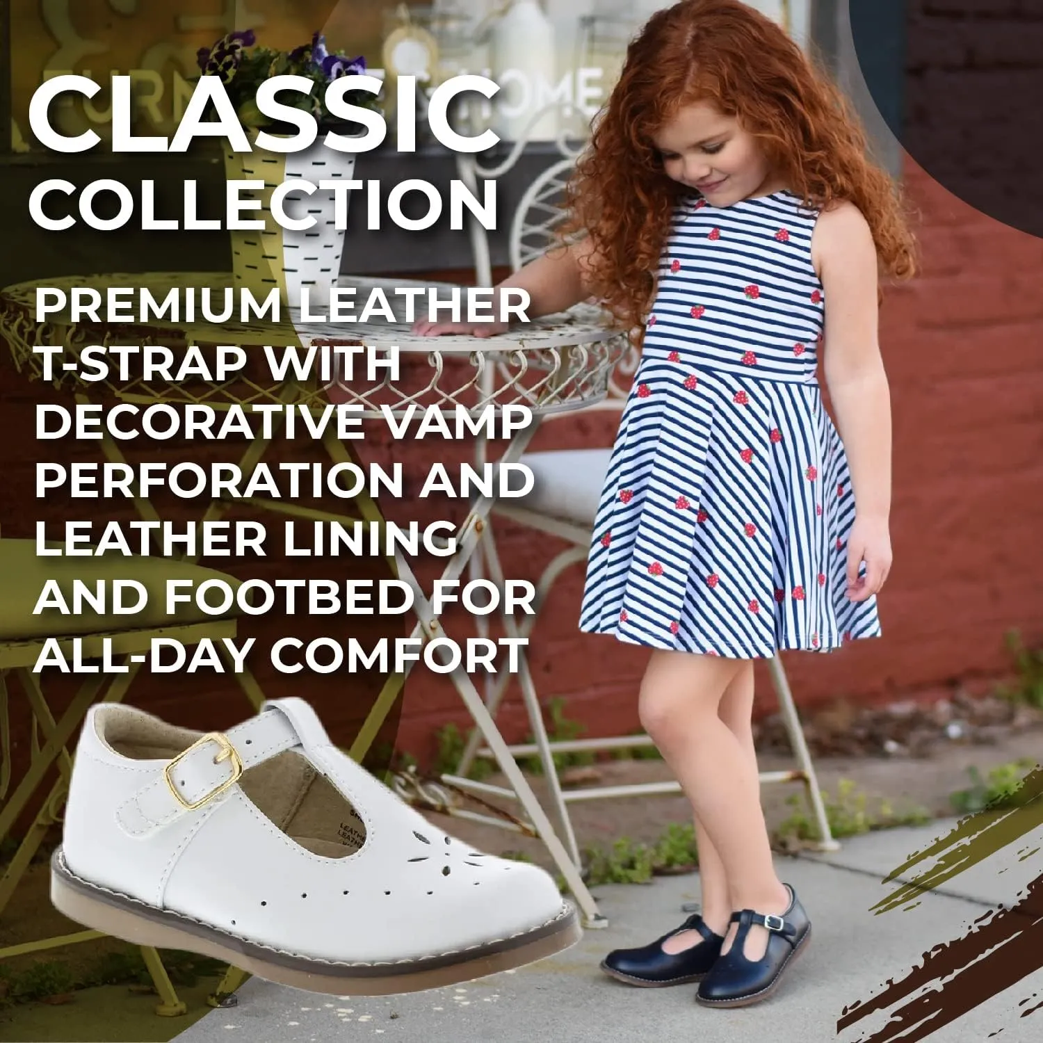 FOOTMATES Sherry Mary Jane Hook and Loop Leather T-Strap Shoes with Wide Toe Box and Custom-Fit Insoles, Non-Marking Outsoles - for Toddlers and Kids, Ages 1-8