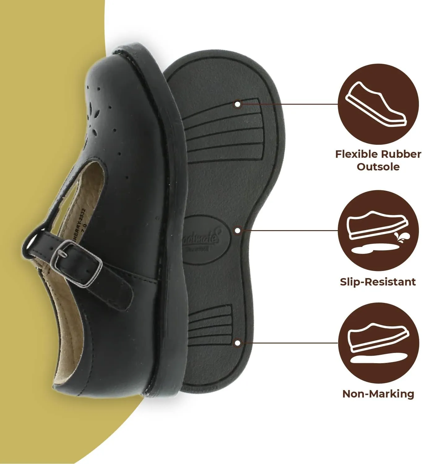 FOOTMATES Sherry Mary Jane Hook and Loop Leather T-Strap Shoes with Wide Toe Box and Custom-Fit Insoles, Non-Marking Outsoles - for Toddlers and Kids, Ages 1-8