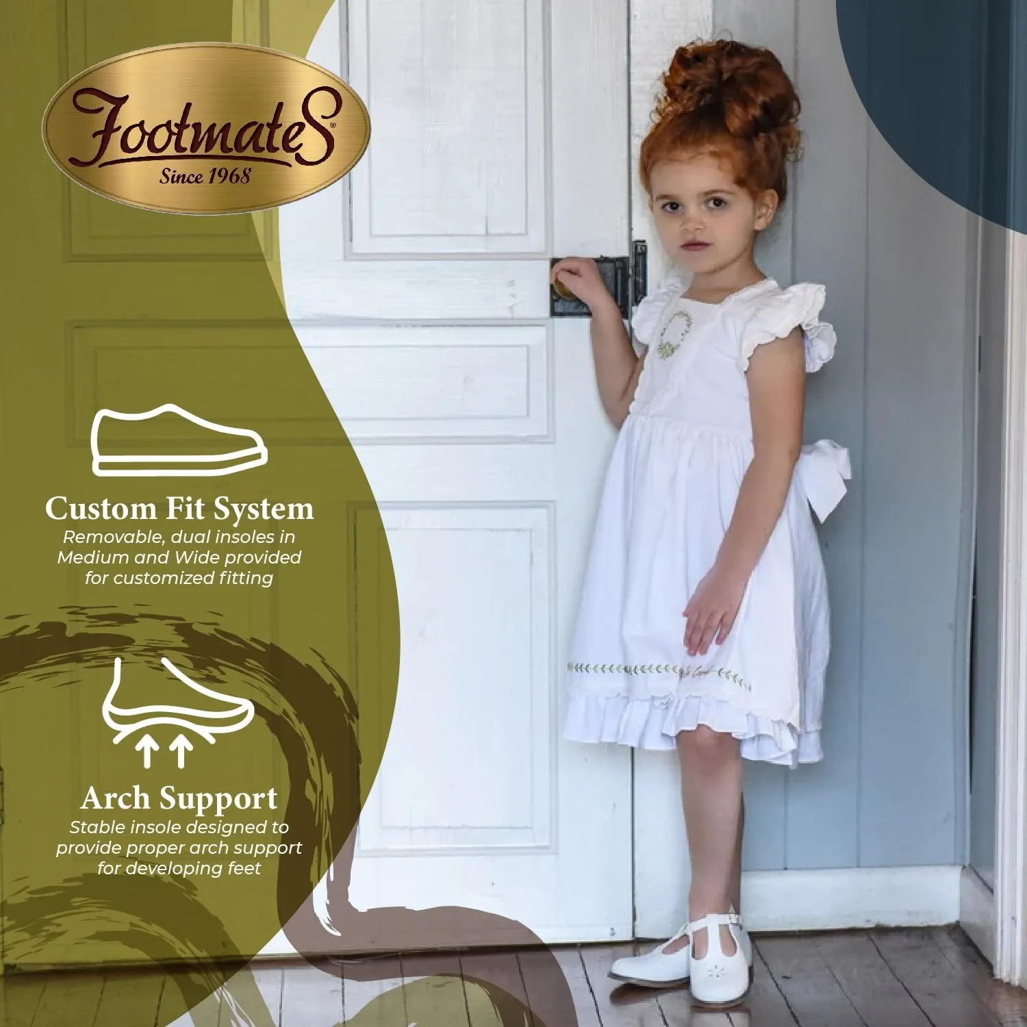 FOOTMATES Sherry Mary Jane Hook and Loop Leather T-Strap Shoes with Wide Toe Box and Custom-Fit Insoles, Non-Marking Outsoles - for Toddlers and Kids, Ages 1-8