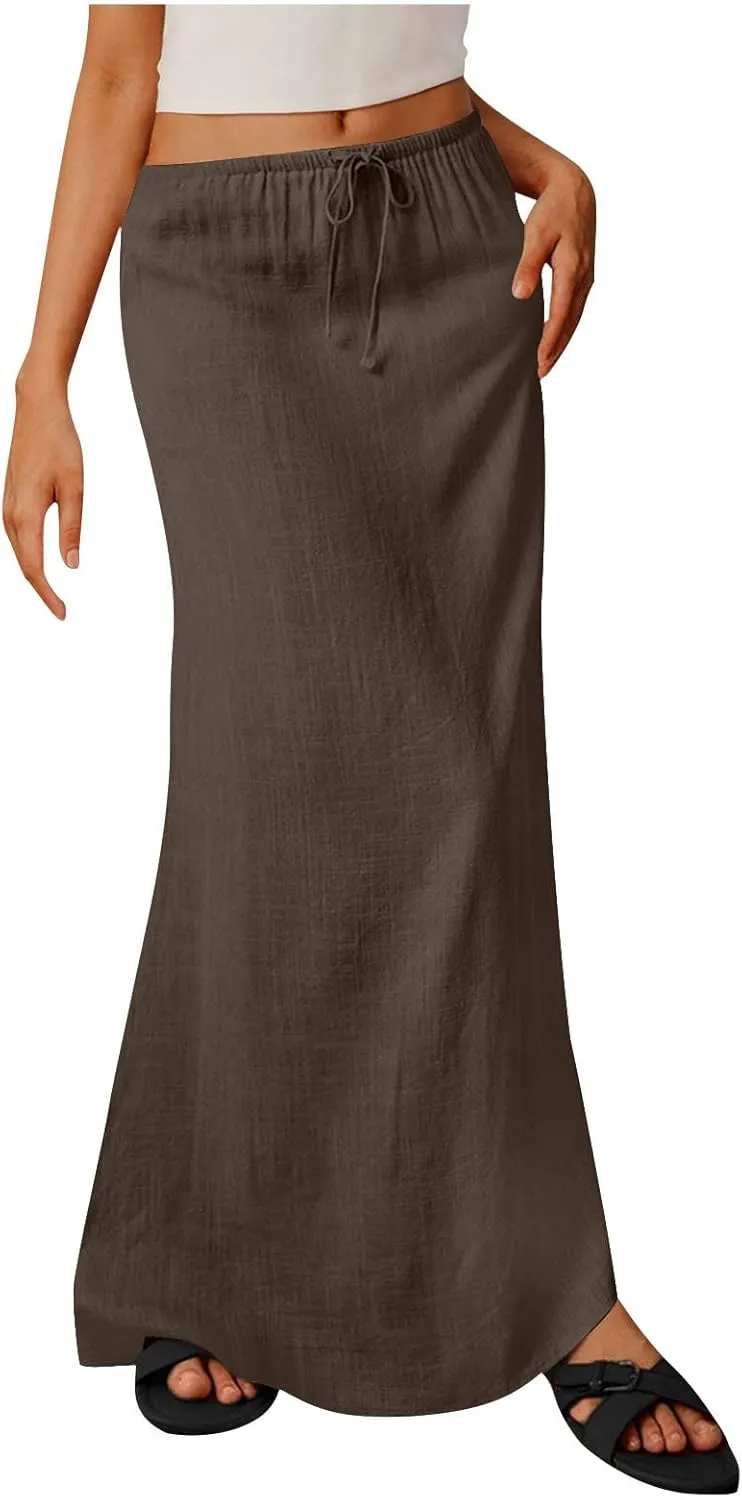 for Women Linen Maxi Long Midi Knee High Slim Tunic Boho Ruched Low Rise Basic Skirts Women 2025