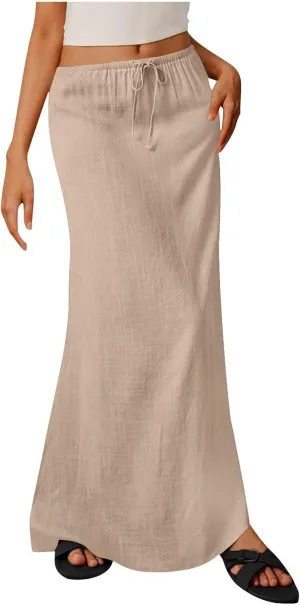 for Women Linen Maxi Long Midi Knee High Slim Tunic Boho Ruched Low Rise Basic Skirts Women 2025