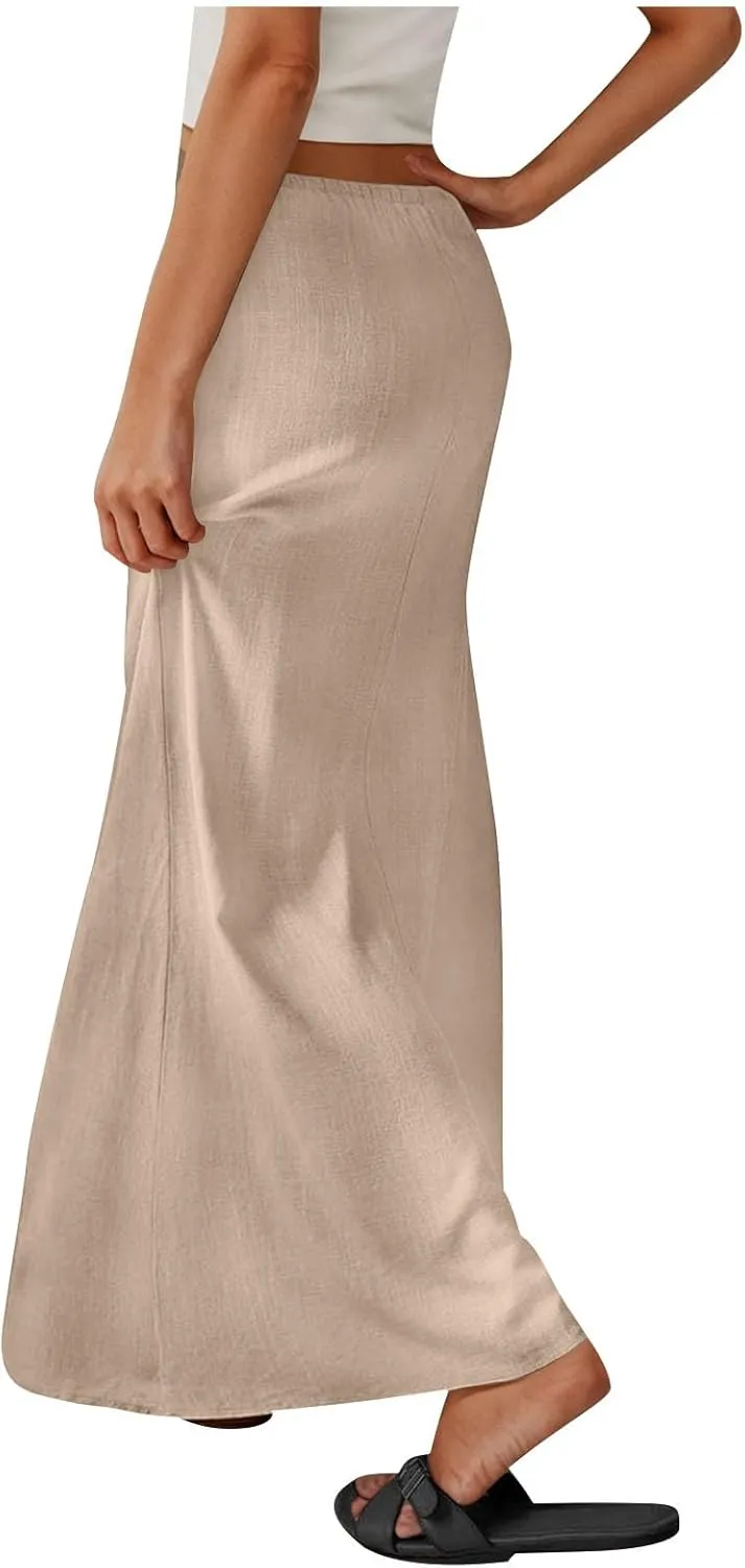 for Women Linen Maxi Long Midi Knee High Slim Tunic Boho Ruched Low Rise Basic Skirts Women 2025