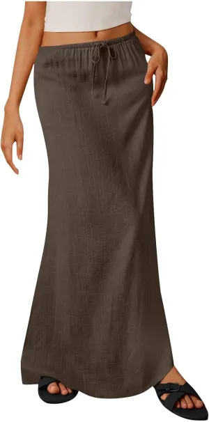 for Women Linen Maxi Long Midi Knee High Slim Tunic Boho Ruched Low Rise Basic Skirts Women 2025