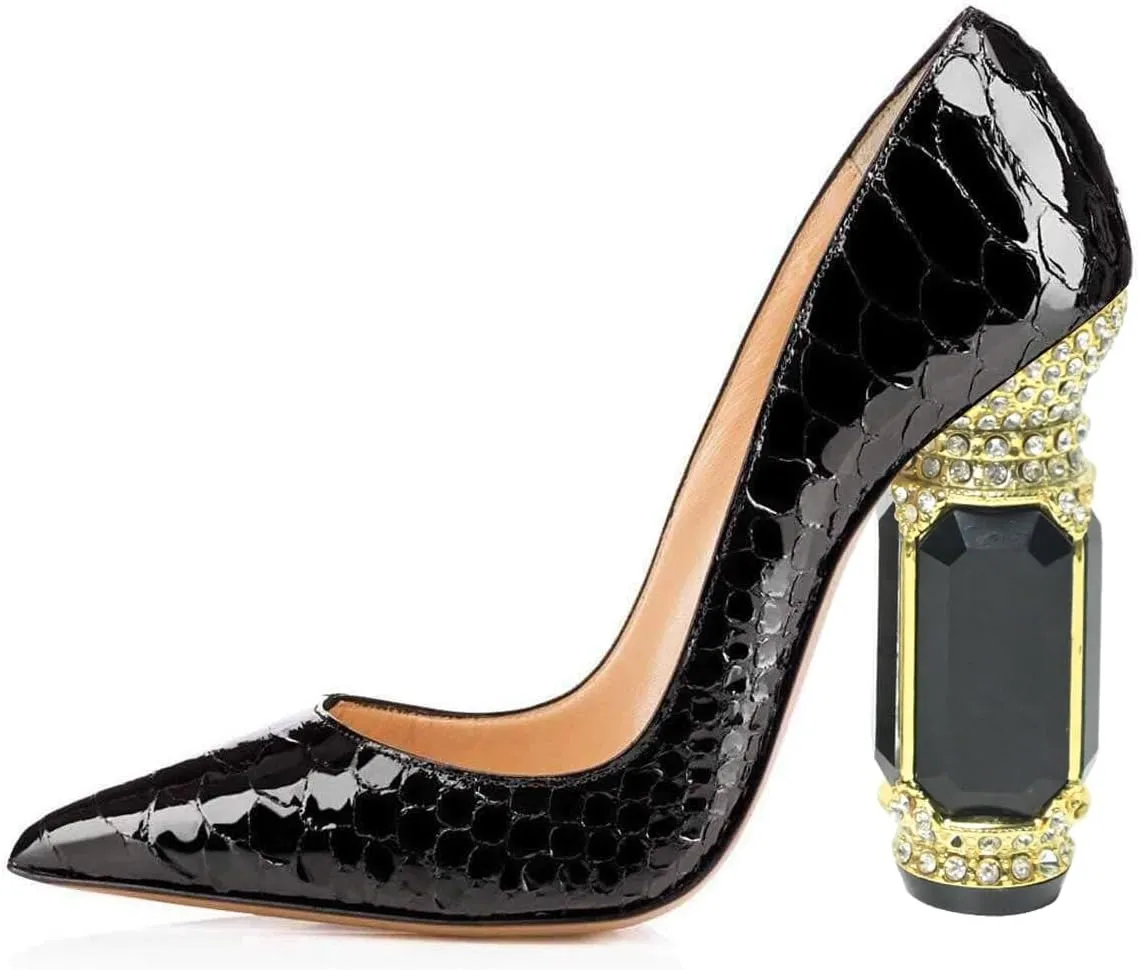 FSJ Women Bridal Pointed Toe Chunky High Heel Crystal Pumps Slip on Wedding Thick Comfort Unique Shoes Size 4-15 US