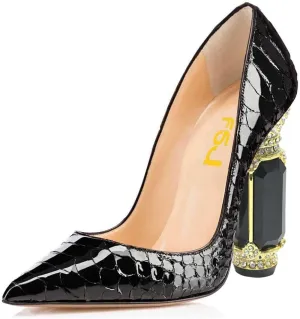 FSJ Women Bridal Pointed Toe Chunky High Heel Crystal Pumps Slip on Wedding Thick Comfort Unique Shoes Size 4-15 US