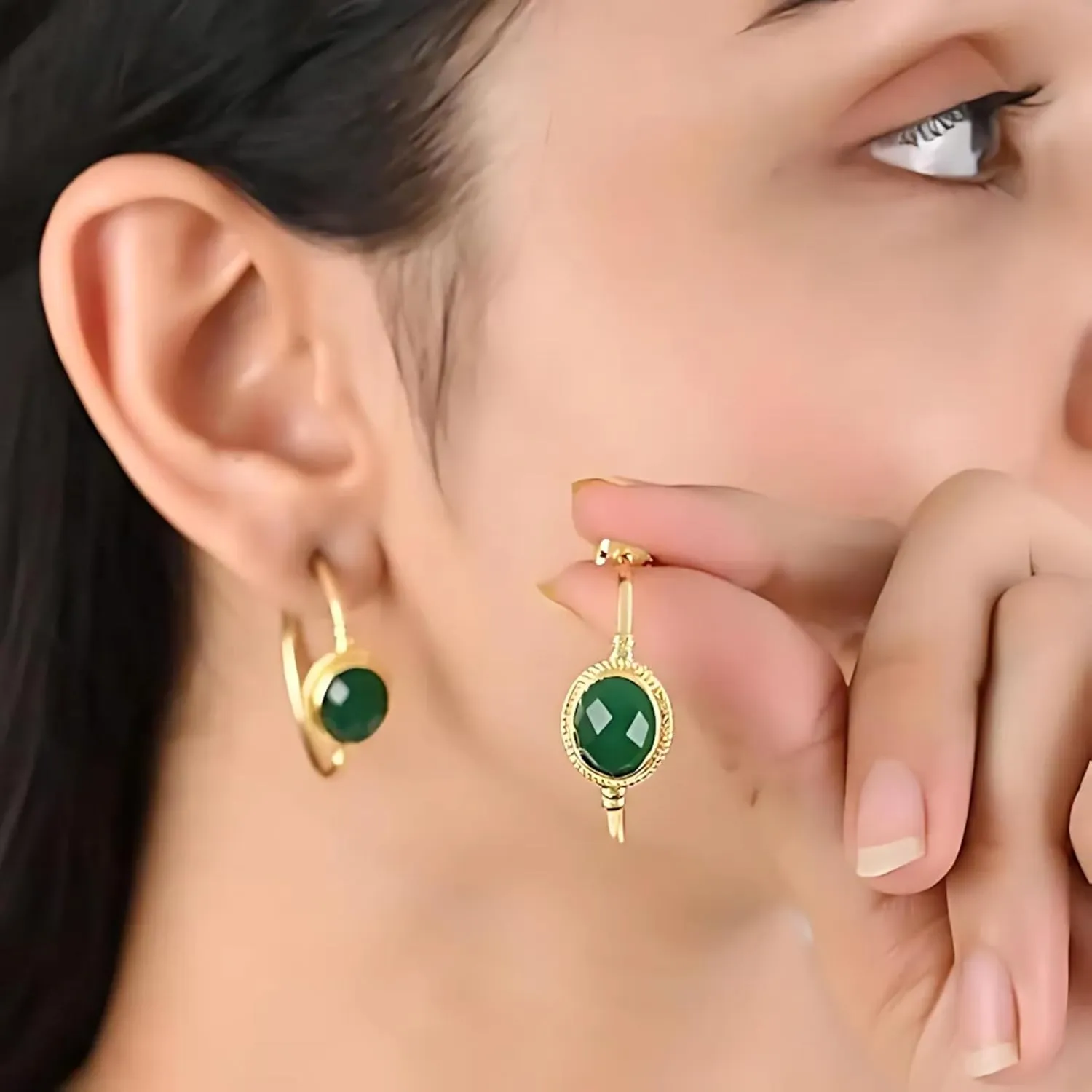 GEMPIRES 14k Gold Hoop Earrings for Women  Oval Rose Cut Gemstone, 1.2 Lightweight Hypoallergenic Hoops with Post Back  Small Gold Earring Hoops  Lapis, Black Spinel, Green Onyx & More