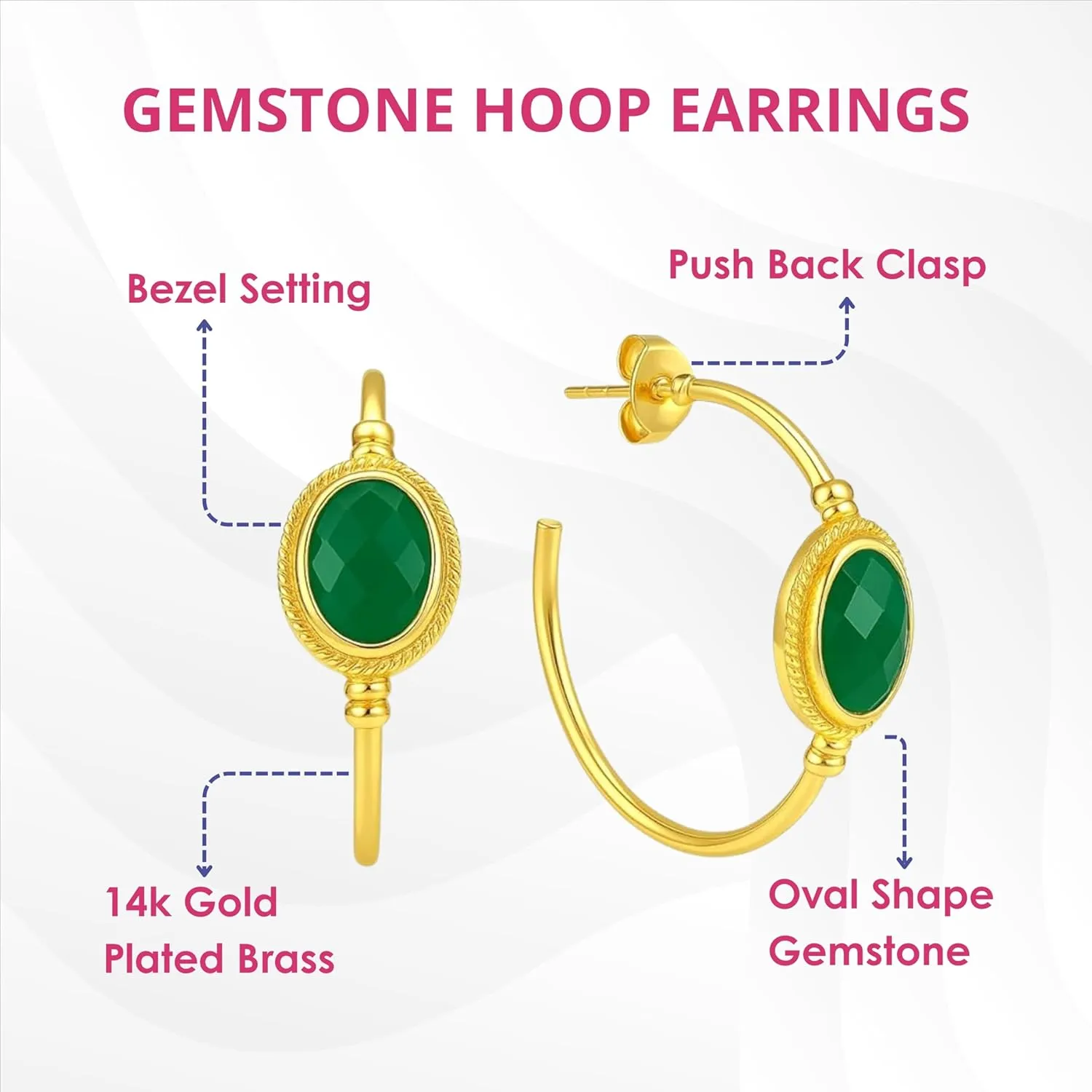 GEMPIRES 14k Gold Hoop Earrings for Women  Oval Rose Cut Gemstone, 1.2 Lightweight Hypoallergenic Hoops with Post Back  Small Gold Earring Hoops  Lapis, Black Spinel, Green Onyx & More