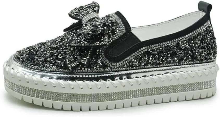 Generic Women's Rhinestones Glitter Slip On Sneakers Cute Bowknot Comfort Platform Walking Flat Loafer Casual Platform Dress Shoes