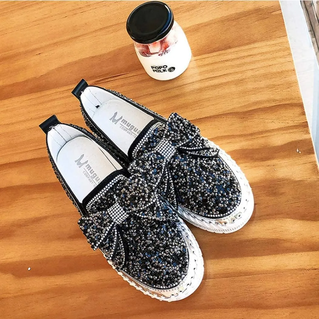 Generic Women's Rhinestones Glitter Slip On Sneakers Cute Bowknot Comfort Platform Walking Flat Loafer Casual Platform Dress Shoes