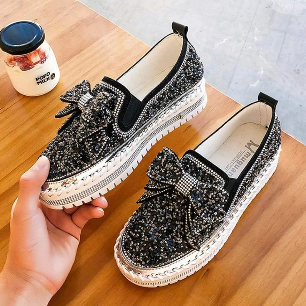 Generic Women's Rhinestones Glitter Slip On Sneakers Cute Bowknot Comfort Platform Walking Flat Loafer Casual Platform Dress Shoes