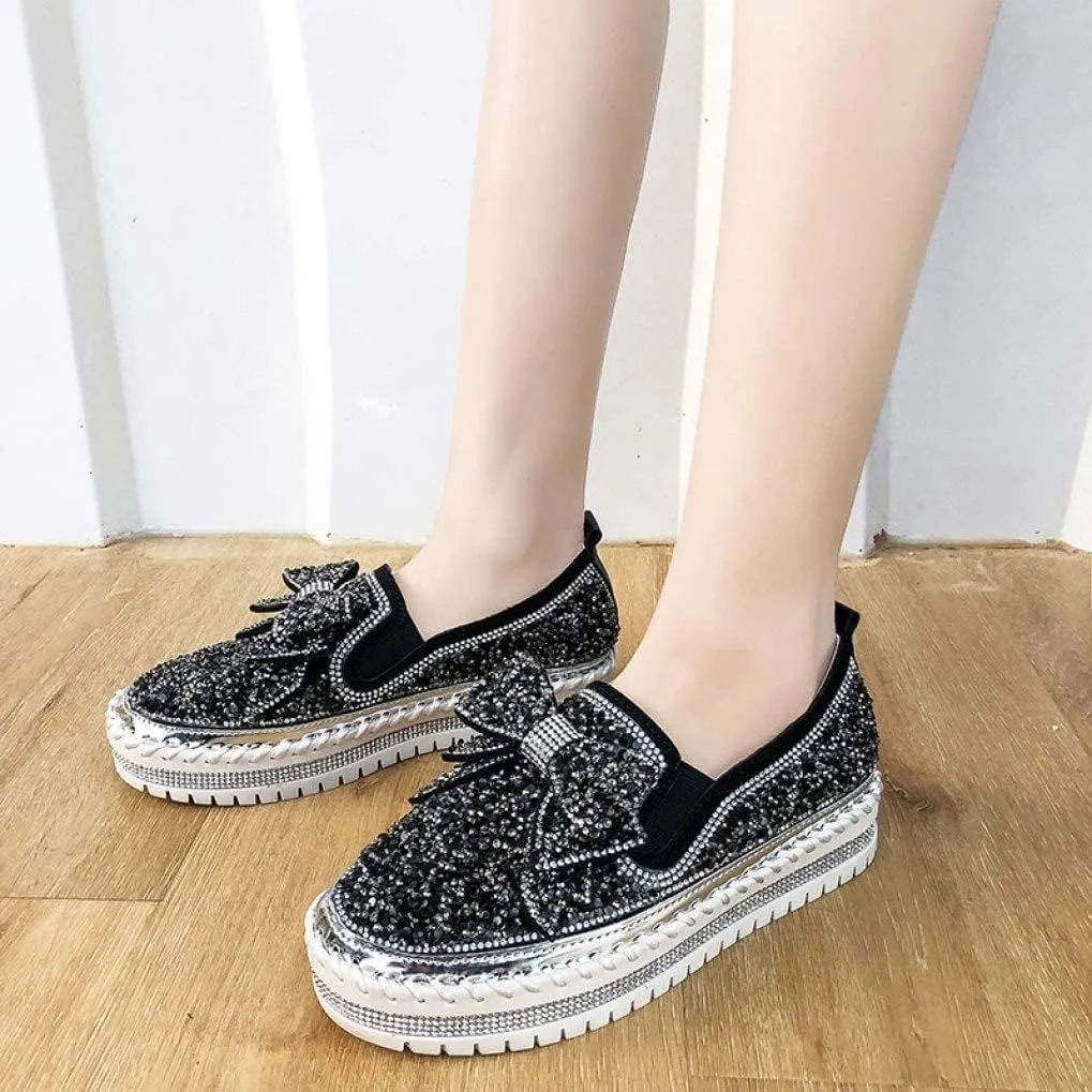 Generic Women's Rhinestones Glitter Slip On Sneakers Cute Bowknot Comfort Platform Walking Flat Loafer Casual Platform Dress Shoes