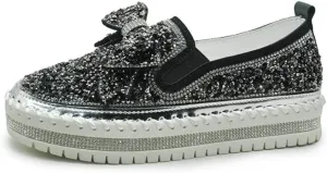 Generic Women's Rhinestones Glitter Slip On Sneakers Cute Bowknot Comfort Platform Walking Flat Loafer Casual Platform Dress Shoes