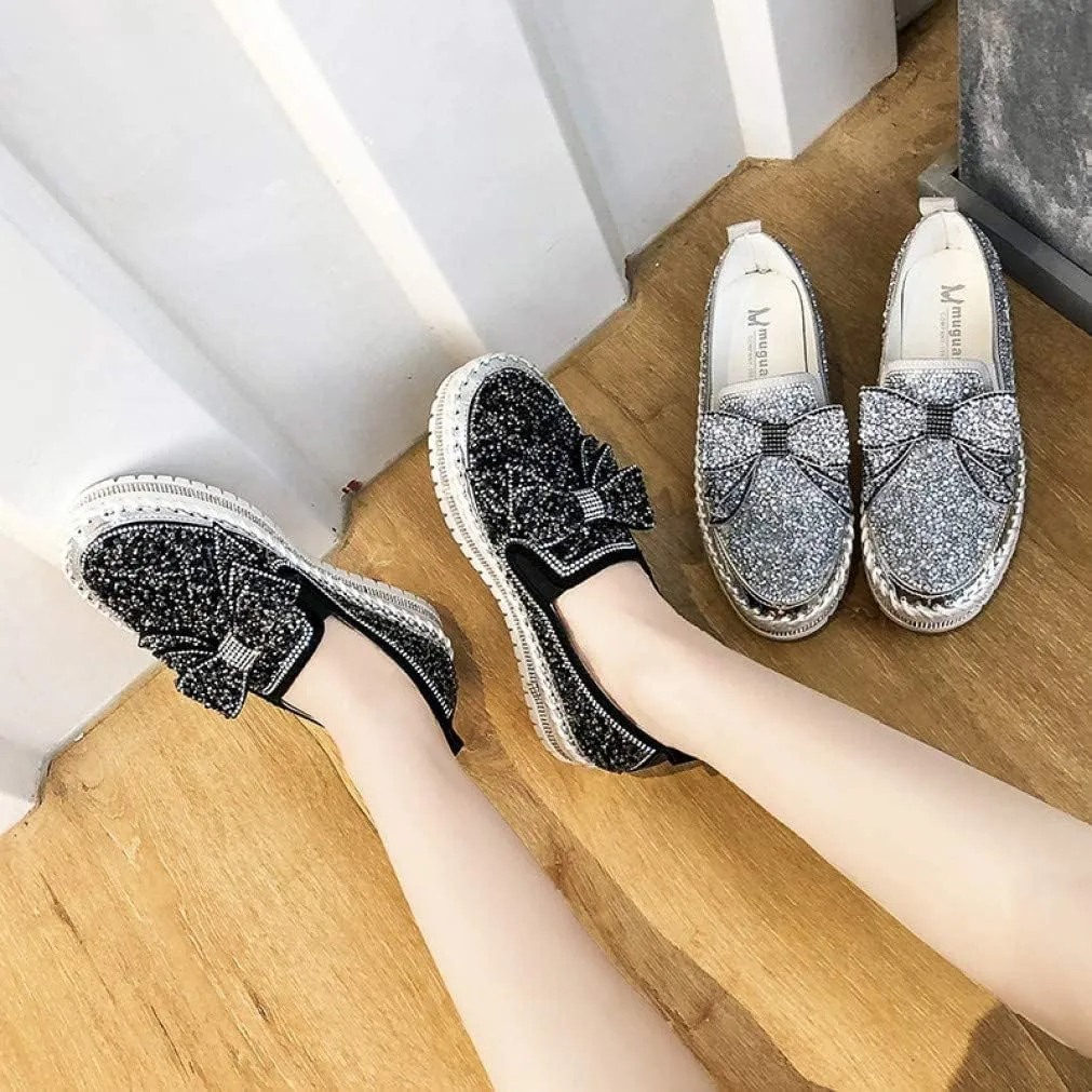 Generic Women's Rhinestones Glitter Slip On Sneakers Cute Bowknot Comfort Platform Walking Flat Loafer Casual Platform Dress Shoes