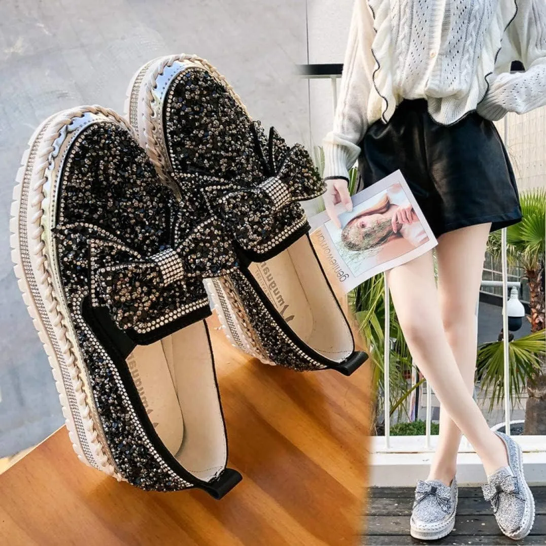 Generic Women's Rhinestones Glitter Slip On Sneakers Cute Bowknot Comfort Platform Walking Flat Loafer Casual Platform Dress Shoes
