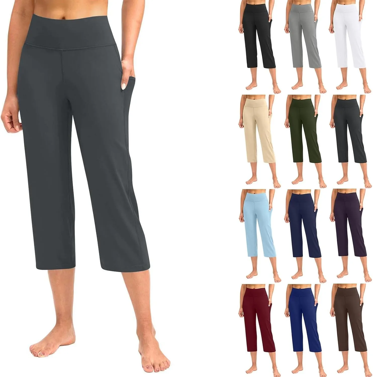GIERIDUC Capris Pants for Women Dressy Summer Casual Stretch Wide Leg with Pockets Basic Leggings Crop Straight Yoga Pants