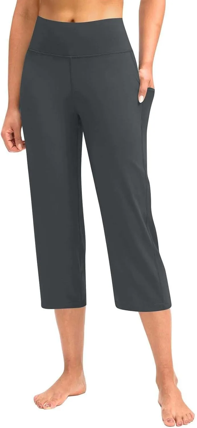 GIERIDUC Capris Pants for Women Dressy Summer Casual Stretch Wide Leg with Pockets Basic Leggings Crop Straight Yoga Pants