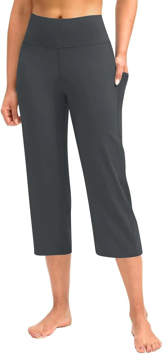 GIERIDUC Capris Pants for Women Dressy Summer Casual Stretch Wide Leg with Pockets Basic Leggings Crop Straight Yoga Pants