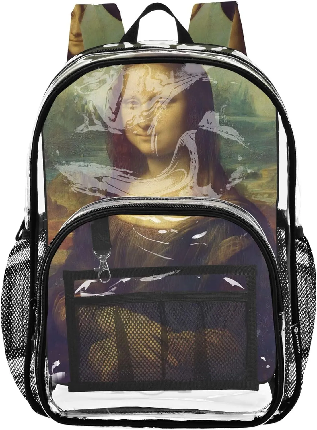 Girls Backpack Kids Boys Leonardo da Vinci Mona Lisa La Gioconda Clear Bag for Women Travel Approved Plastic Bag Large