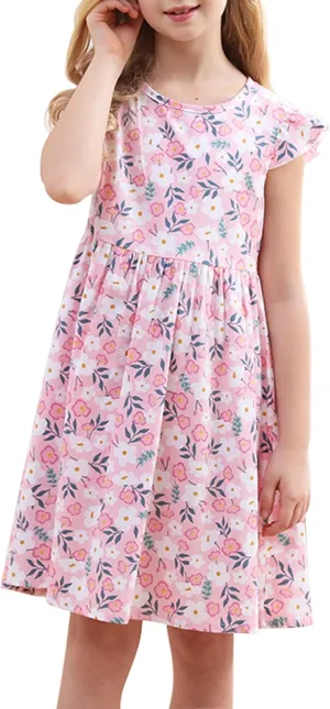 Girls' Spring Summer Cute Allover Floral Printing Hawaiian Beach Boho Casual Cotton Dresses