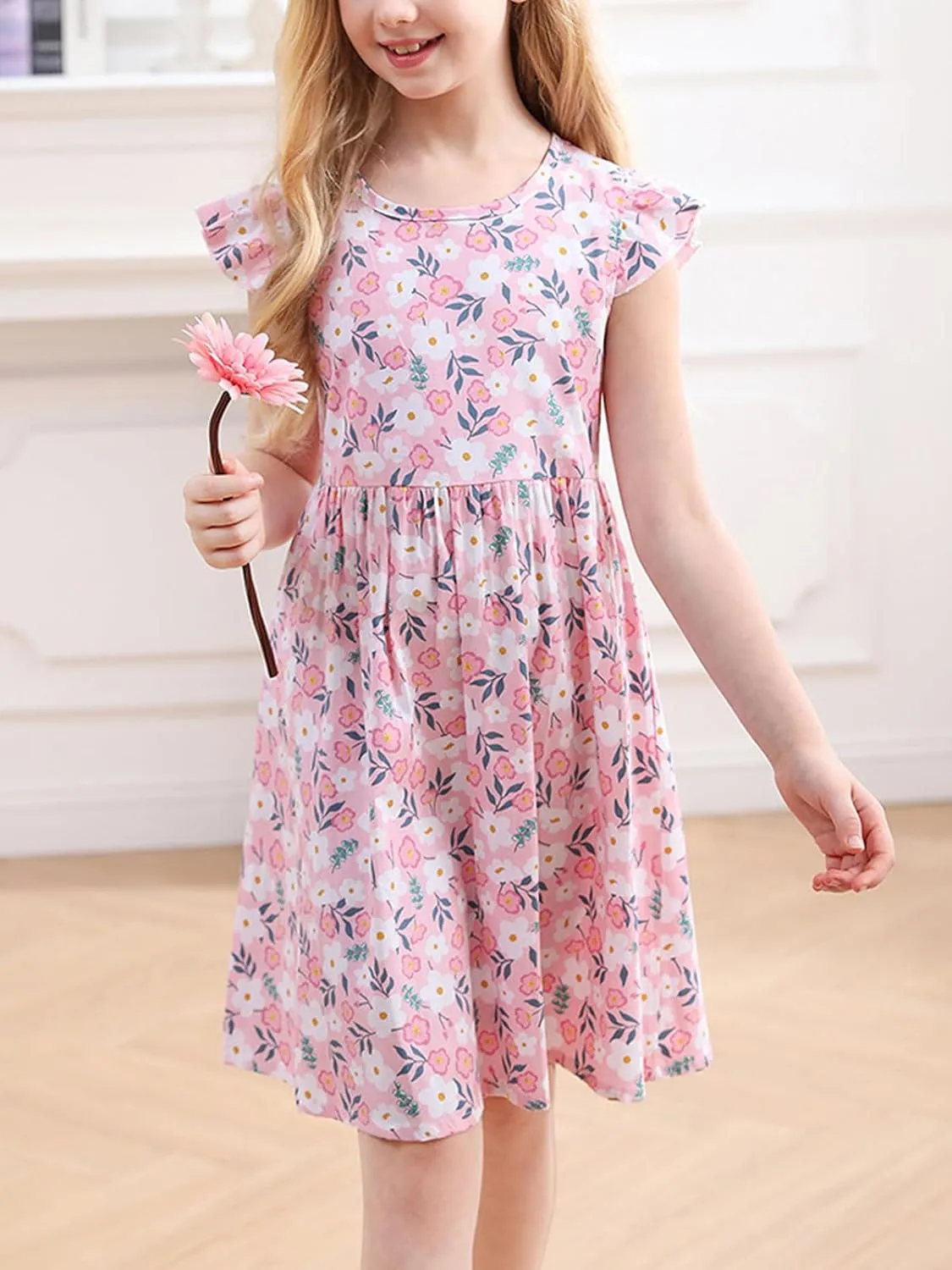 Girls' Spring Summer Cute Allover Floral Printing Hawaiian Beach Boho Casual Cotton Dresses