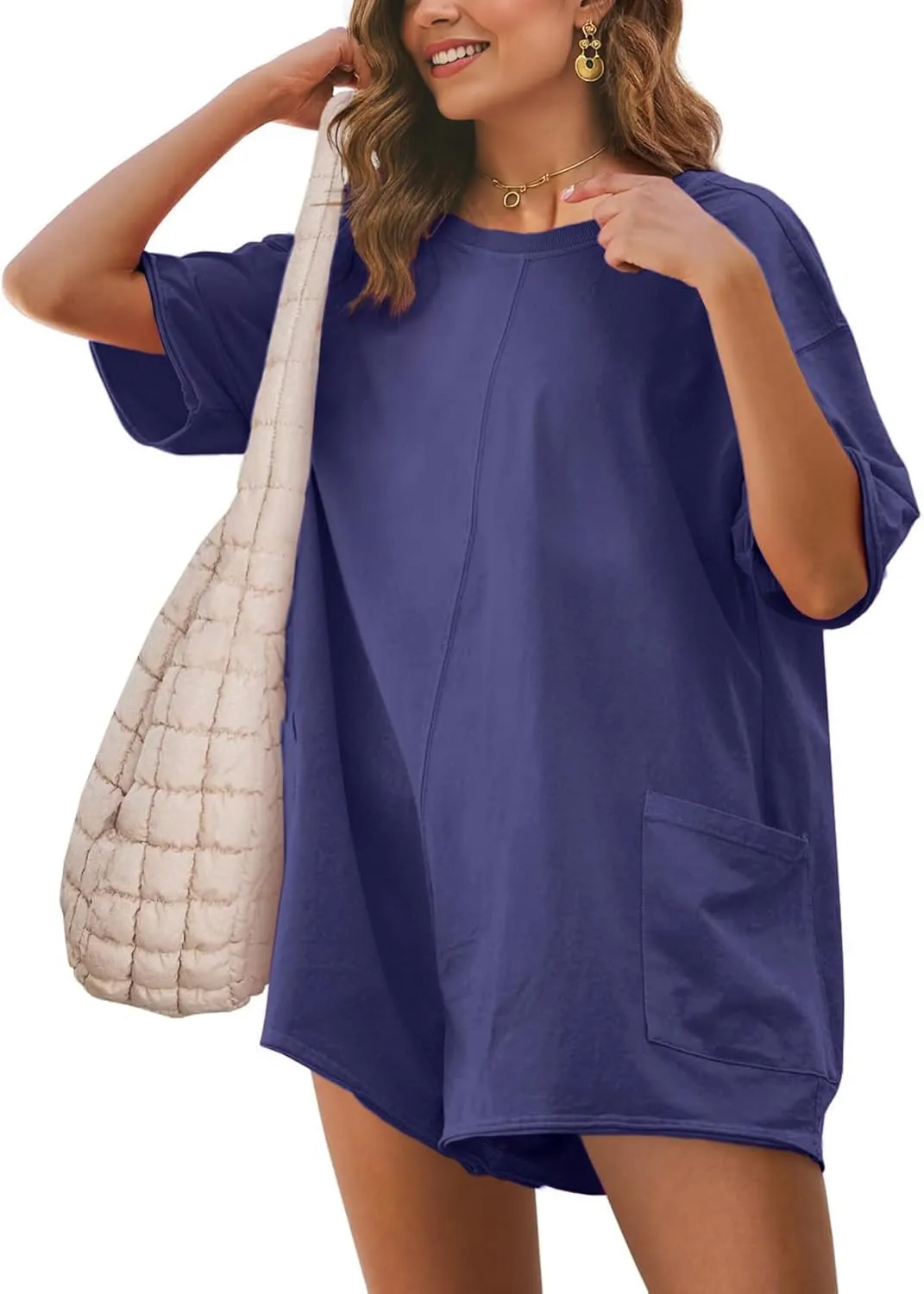 Glamaker Women's Summer Oversized Tee Romper Casual Workout Athletic Romper Onesie Backless Loose Shorts Jumpsuit Overalls