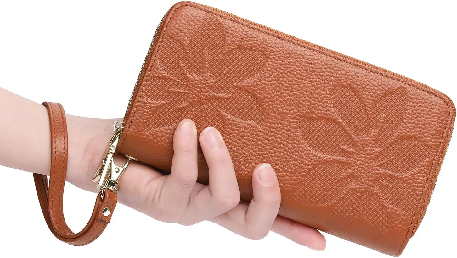 GOIACII Women's Wallet Large Capacity Double Zip Ladies Card Phone Holder RFID Blocking Wristlet Leather
