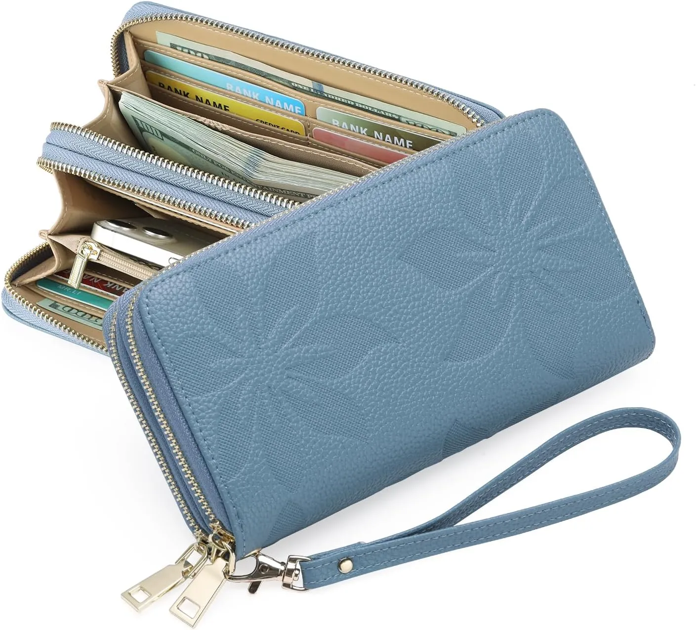 GOIACII Women's Wallet Large Capacity Double Zip Ladies Card Phone Holder RFID Blocking Wristlet Leather