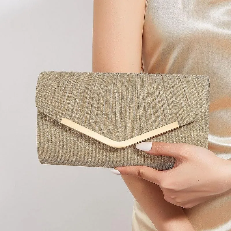Gold Fabric Art Banquet Handbag Simple Pleats Evening Bag
