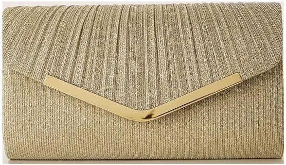 Gold Fabric Art Banquet Handbag Simple Pleats Evening Bag