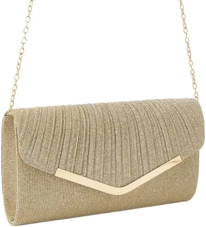 Gold Fabric Art Banquet Handbag Simple Pleats Evening Bag