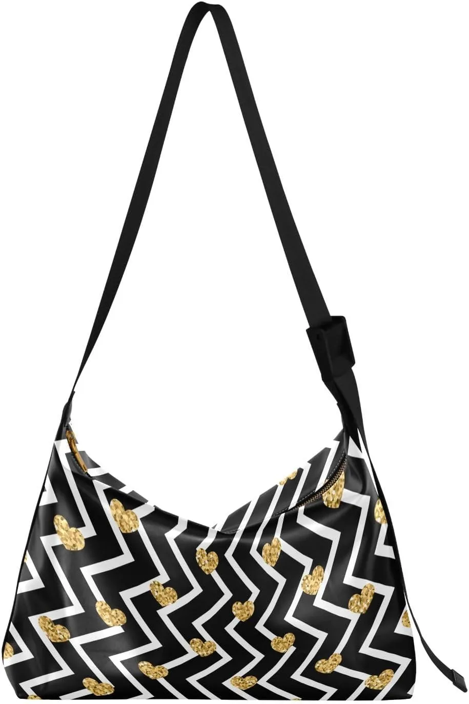 Gold Heart Seamless Pattern Hobo Crossbody Bags for Women Leather Large Shoulder Bag Cross Body Trendy Womens Tote Bags Handbag for Travel Shopping