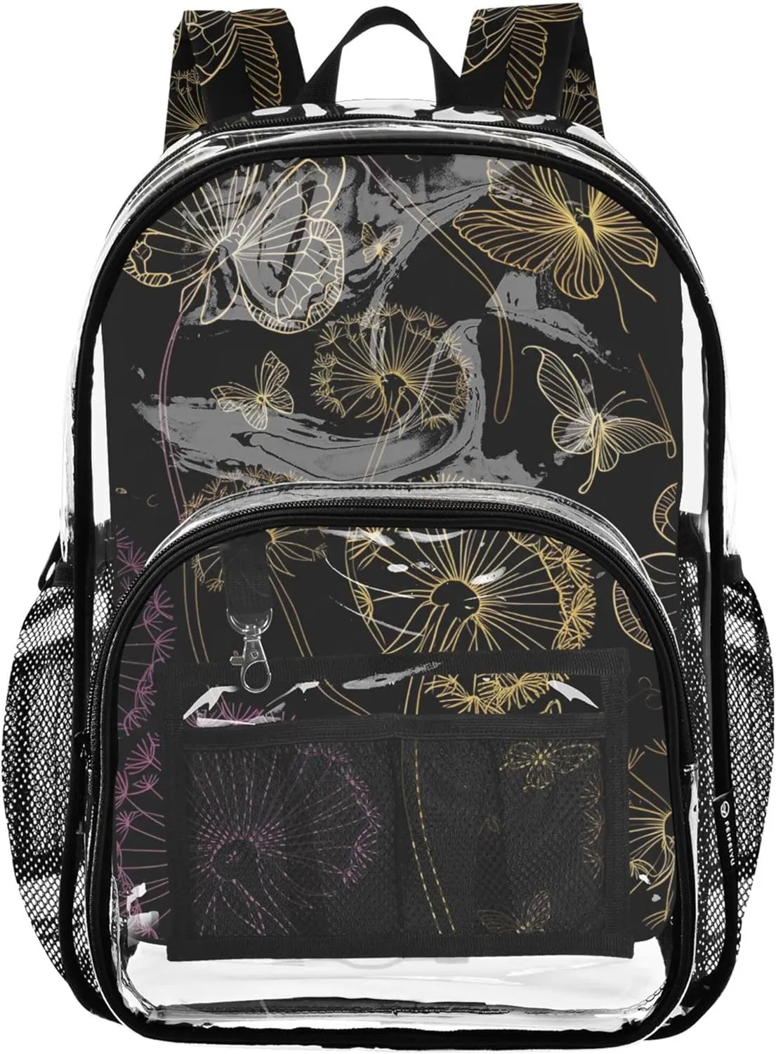 Gold Outlines Butterflies Black Clear Backpack for Women Boys Backpacks for Girls Approved Plastic Bag Large