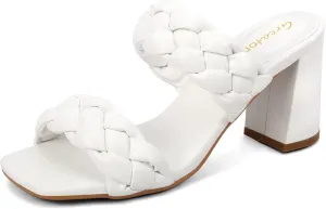Greatonu Women's Braided Heeled Sandals Square Open Toe Summer Heels Slip On Dressy Sandals with Chunky Heel 3.35 Inch