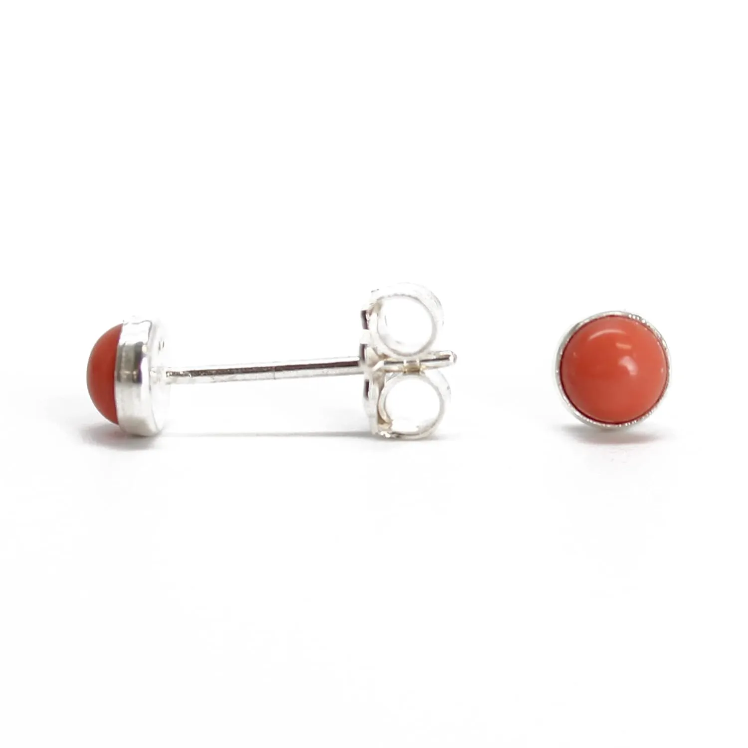 Handmade Salmon Coral Stud Earrings for Women and Girls, 4mm Round Bezel 925 Sterling Silver