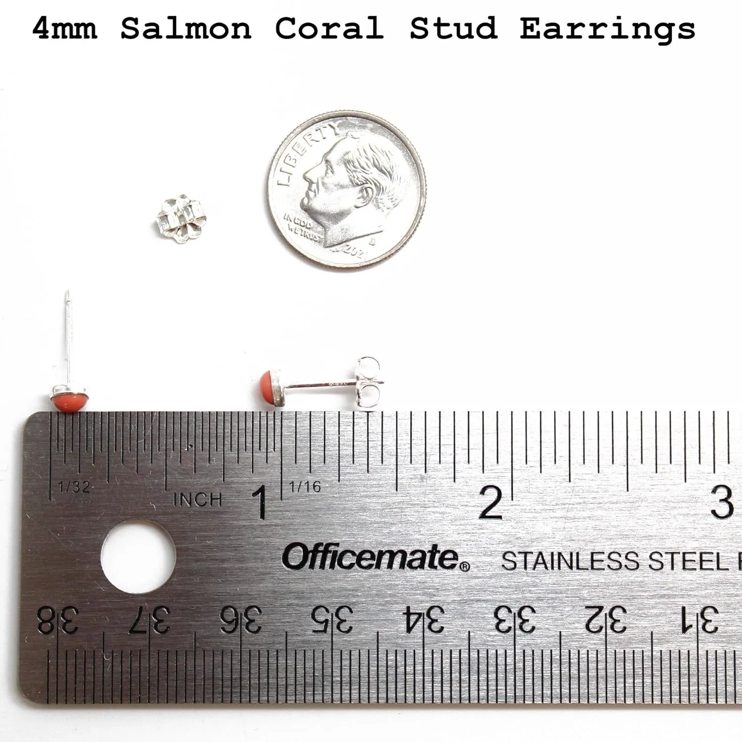 Handmade Salmon Coral Stud Earrings for Women and Girls, 4mm Round Bezel 925 Sterling Silver