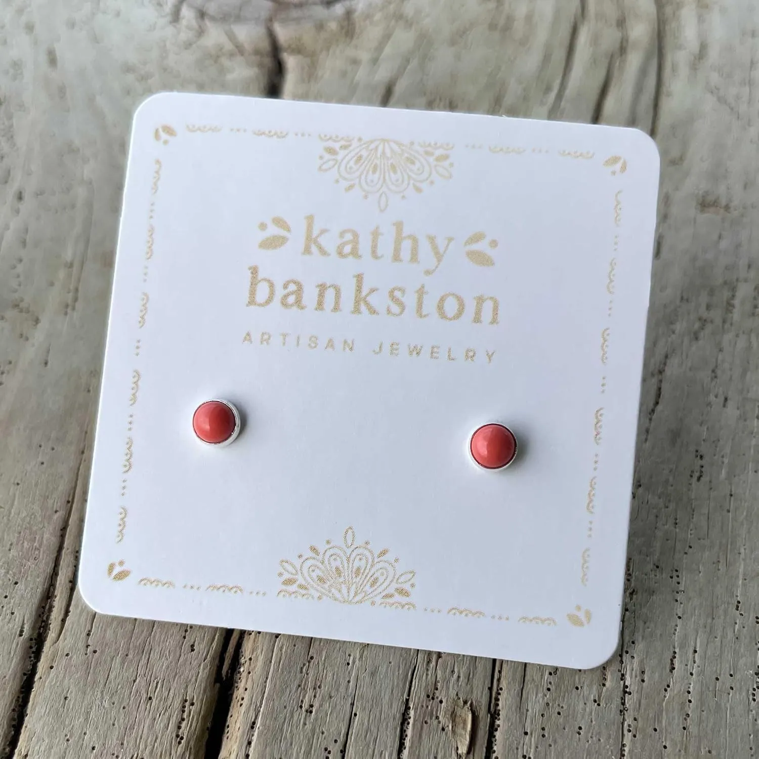 Handmade Salmon Coral Stud Earrings for Women and Girls, 4mm Round Bezel 925 Sterling Silver