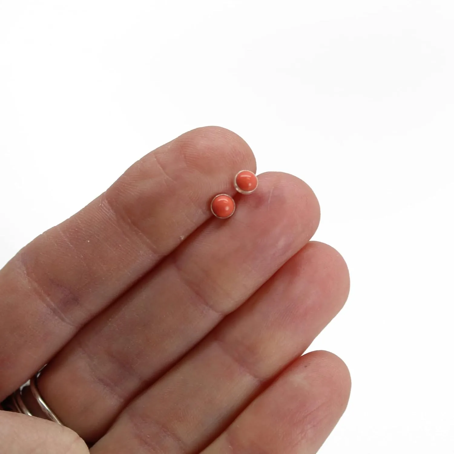 Handmade Salmon Coral Stud Earrings for Women and Girls, 4mm Round Bezel 925 Sterling Silver