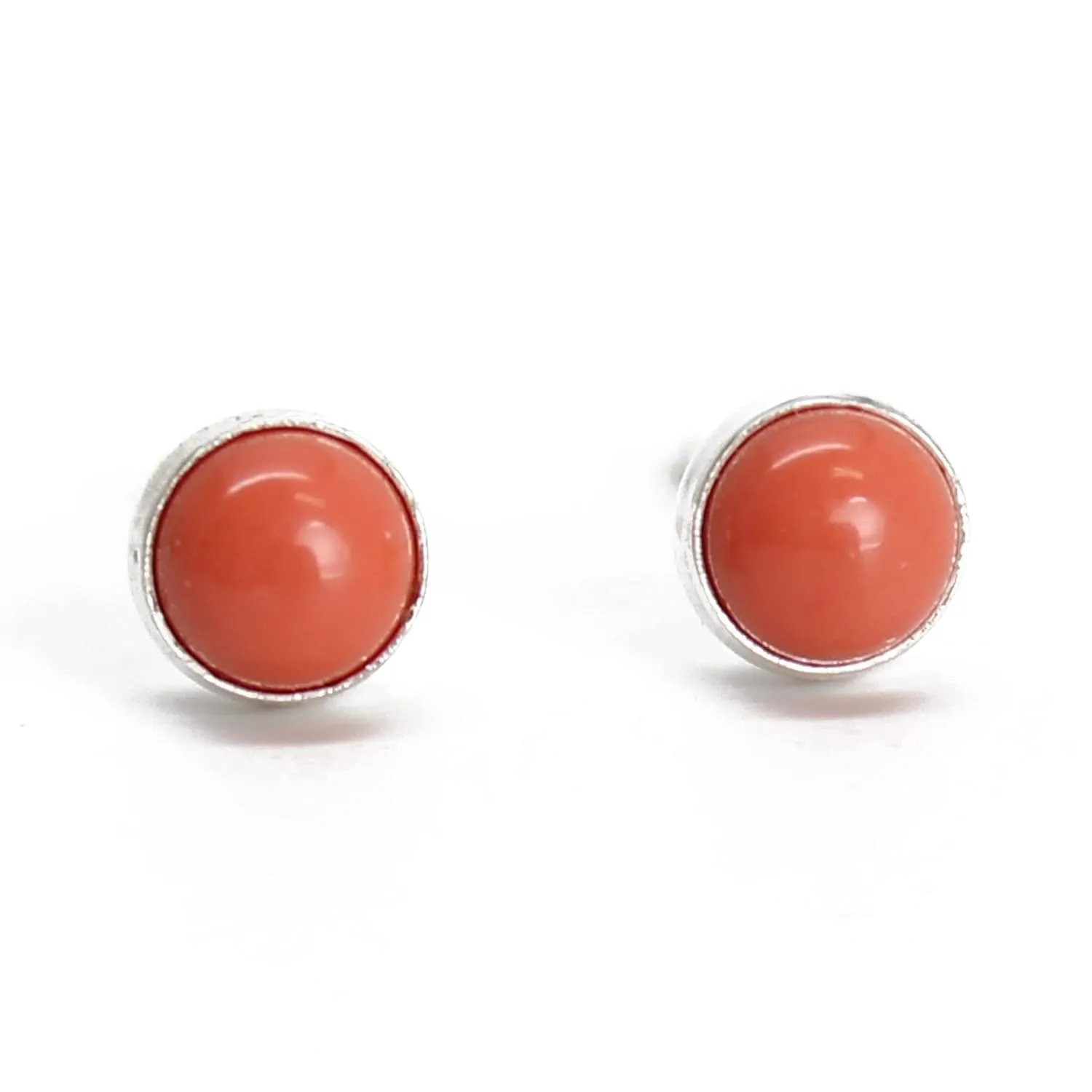 Handmade Salmon Coral Stud Earrings for Women and Girls, 4mm Round Bezel 925 Sterling Silver