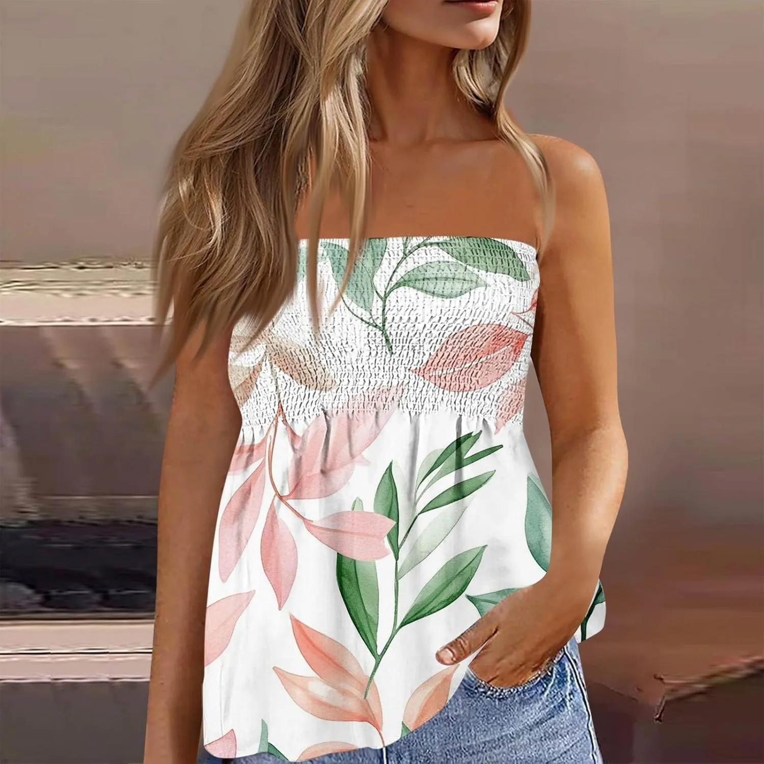 Hawaiian Print Tube Summer Tops Women Elastic Trim Strapless Vintage Blouse Multicolour Off The Shoulder Tees