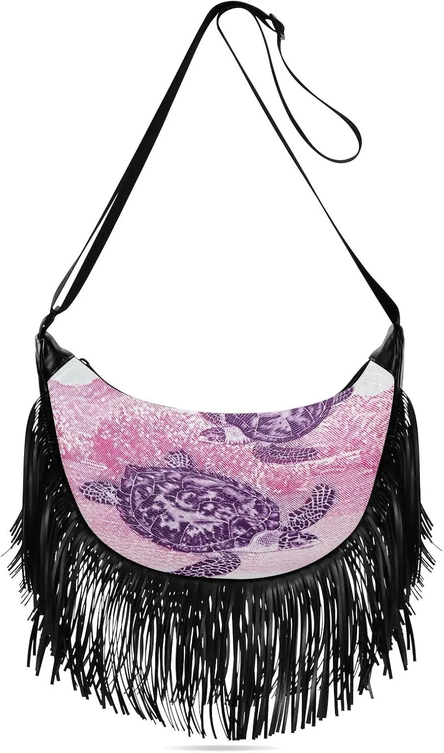 Hawksbill-sea-turtle Women Tassel Fringe Shoulder bag, Fringe Purse Crossbody, Women Tassel Hobo Bag with Zipper