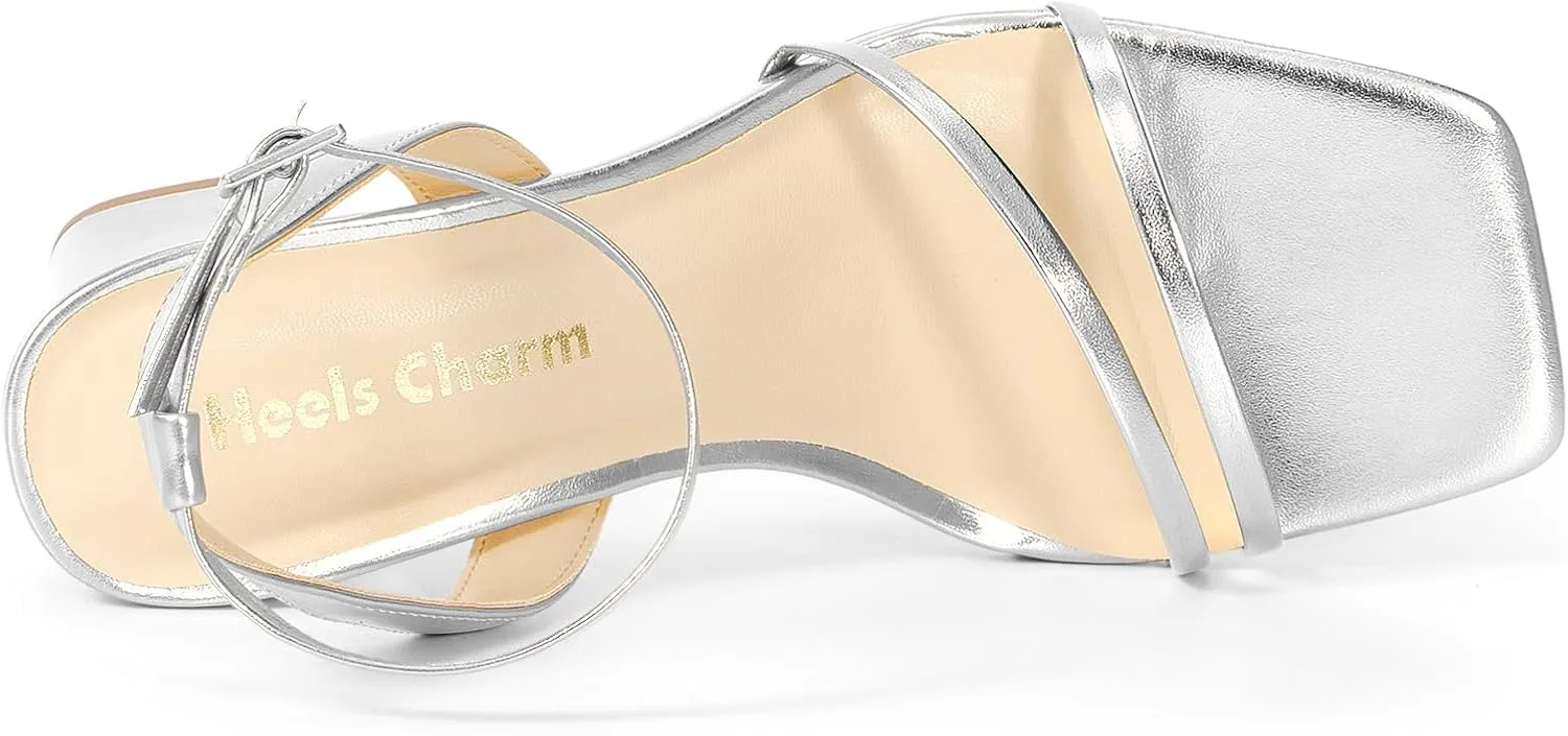 Heels Charm Women's Chunky Block Heeled Sandals 2.95 Inches Open Toe Ankle Strap Block High Heel Sandal Dress Dancing Chunky Sandals Daily Work Party Wedding Shoes