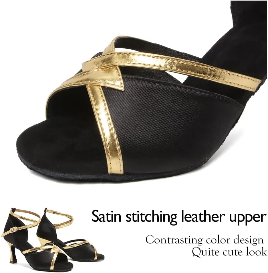 HIPPOSEUS Women Satin Latin Ballroom Dance Shoes Open Toe Tango Salsa Ballroom Party Performance Dancing Shoes,Model 807